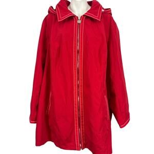 Dennis Basso Womens Red Hooded Softshell Mid Lenth Trench Coat Jacket sz 3X